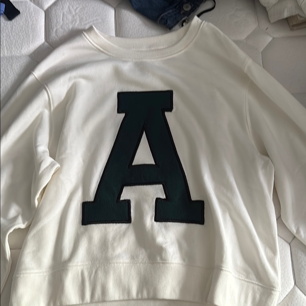 Anthropologie White and Black Crewneck Sweater with Bold 'A'